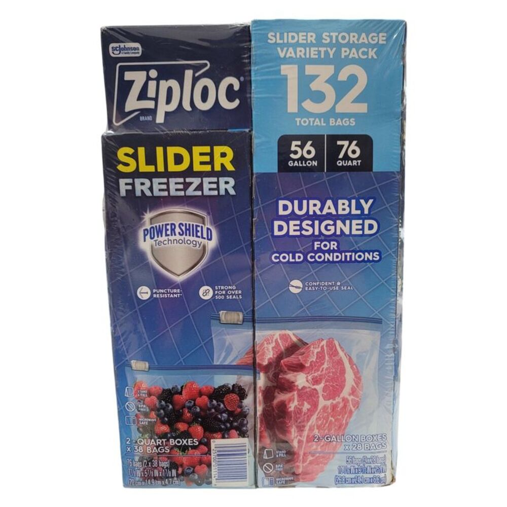 Ziploc Brand Gallon & Quart Freezer Slider Bags, Variety Pack, 132 count